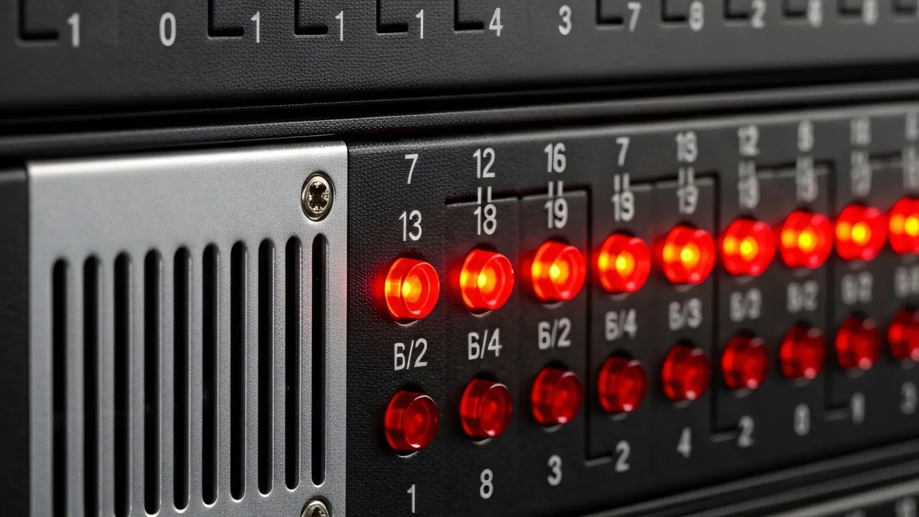 Warning lights across a control panel, turning limited power from background detail into a sequence of visible choices.