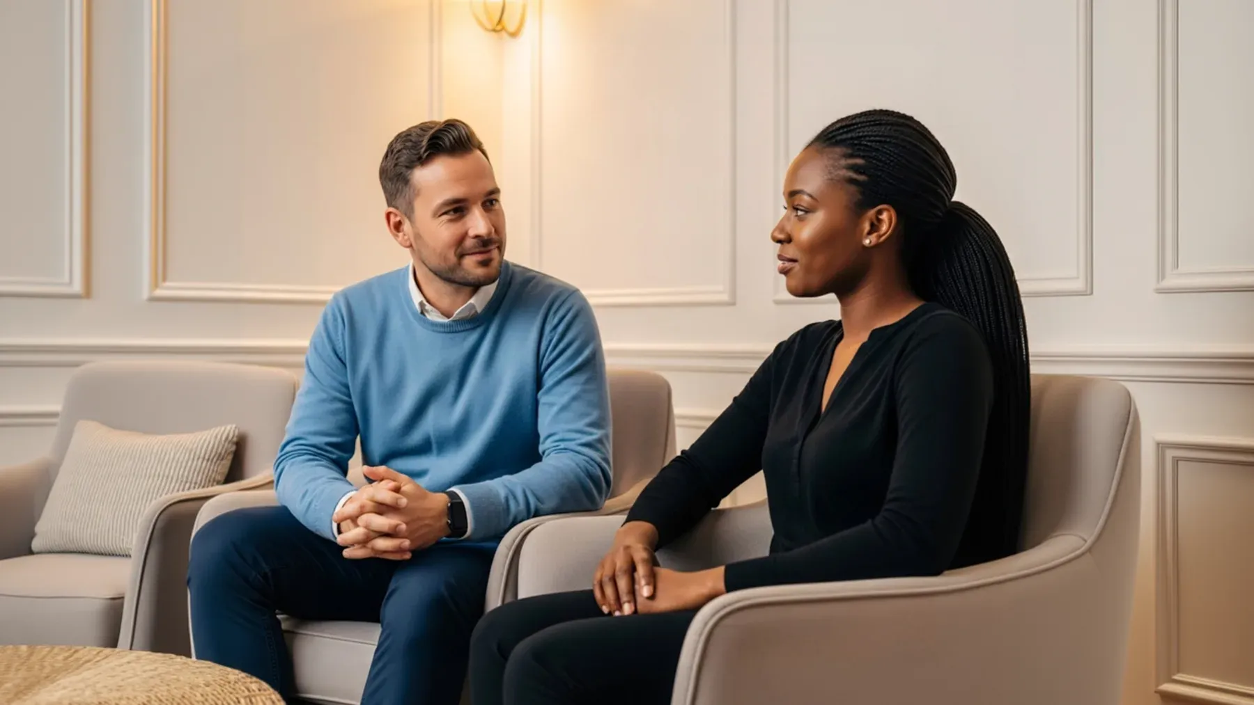 Two people in a quiet professional conversation, reflecting the survivor-centered decisions and trusted support that continue after immediate danger ends.