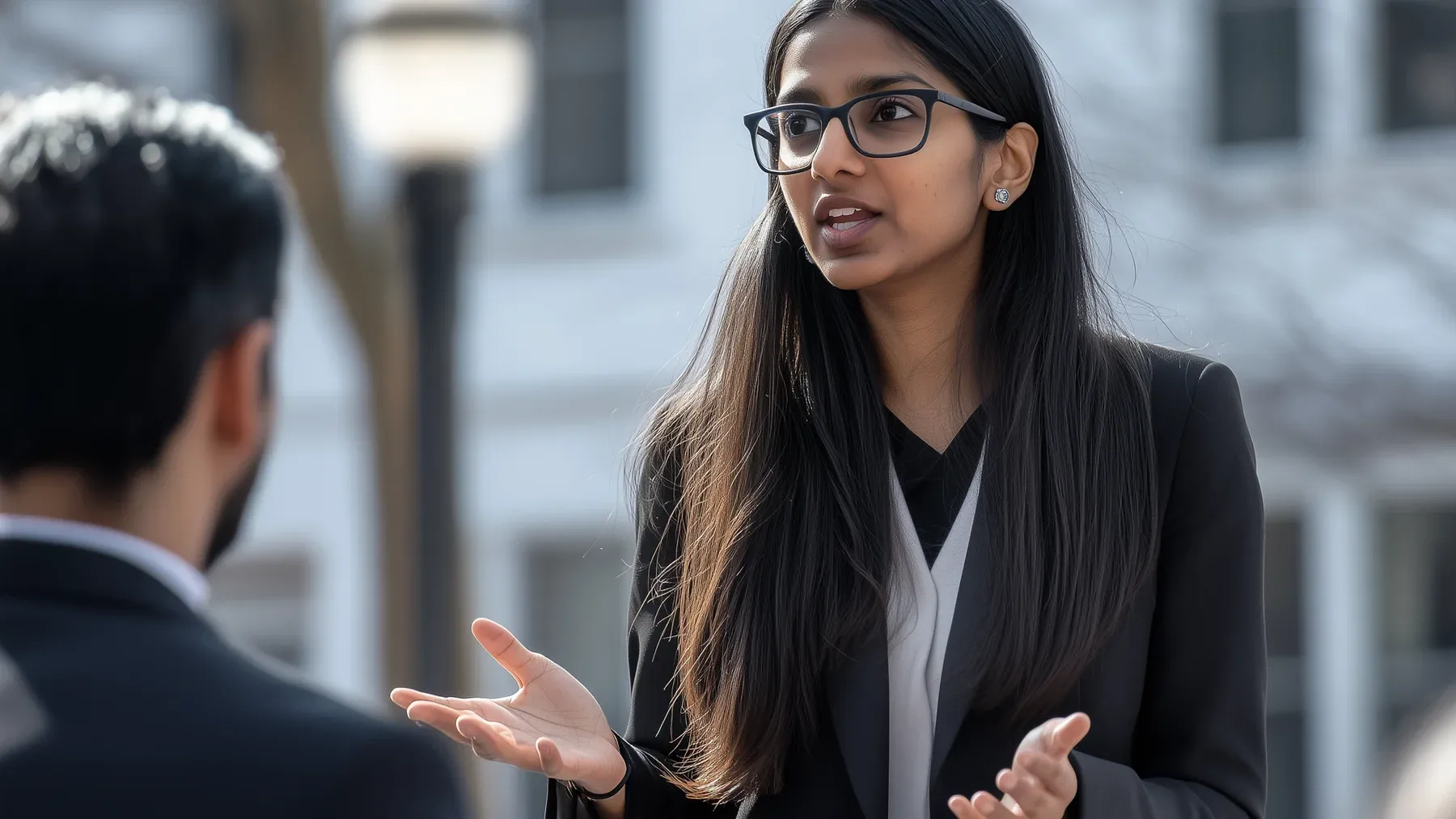A speaker using her hands while another person listens, illustrating how a language-barrier scene combines words with attention, gesture, and context.