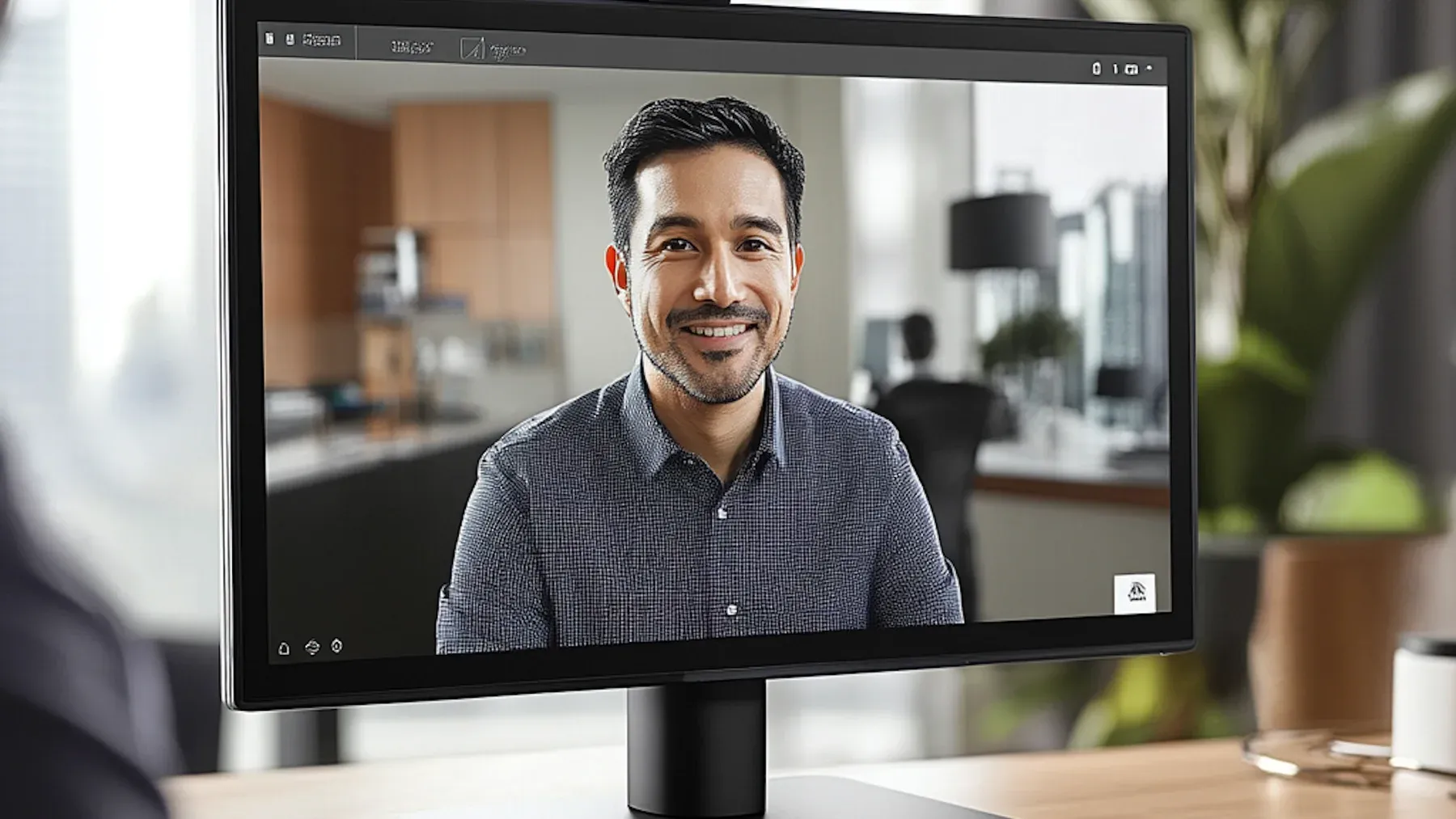 A person appearing on a professional video call, representing an interpreter who enters remotely with limited access to the physical scene.