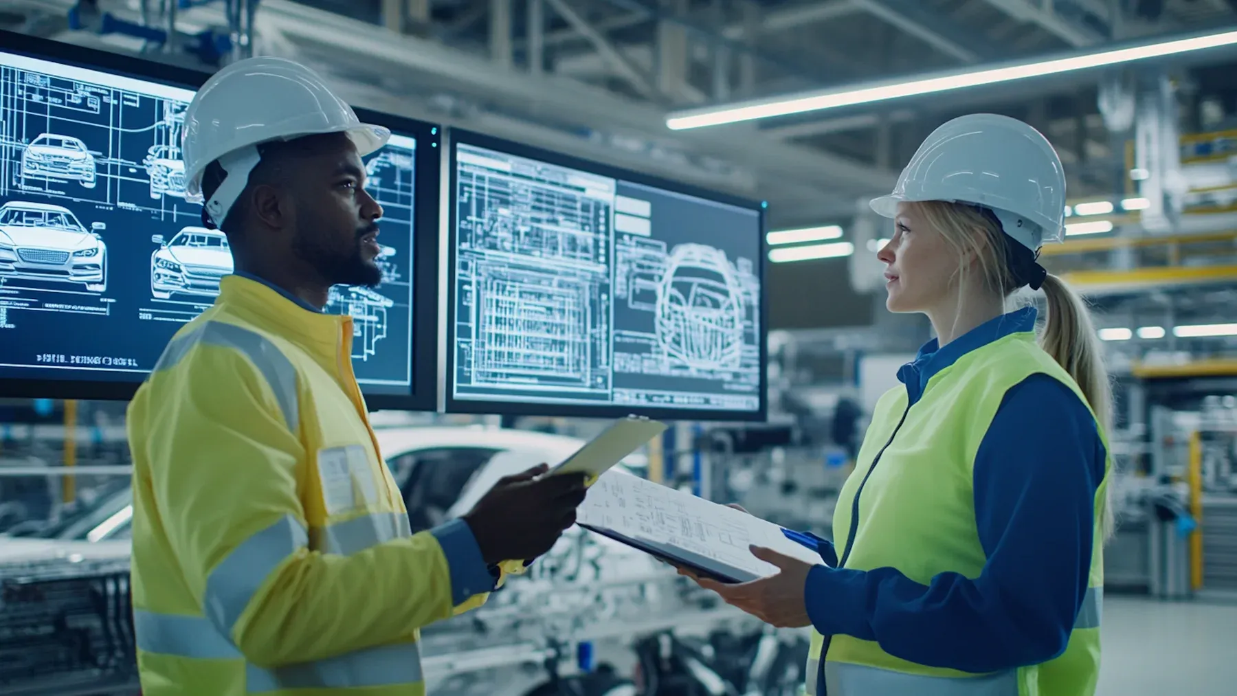Two industrial workers discussing technical plans, showing how shared diagrams can narrow a reference while professional knowledge still shapes interpretation.