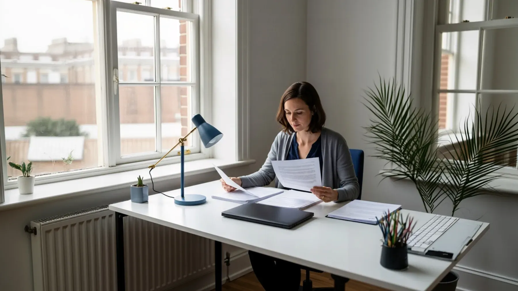 A professional reviews documents alone, representing the work of tracing foundation, provenance, and competing interpretations before a hearing.