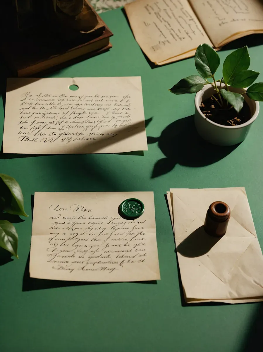 Letters, notes, and old documents laid out on a desk, reflecting the continuity work, callback tracking, and long-form memory that serialized fiction quietly depends on.