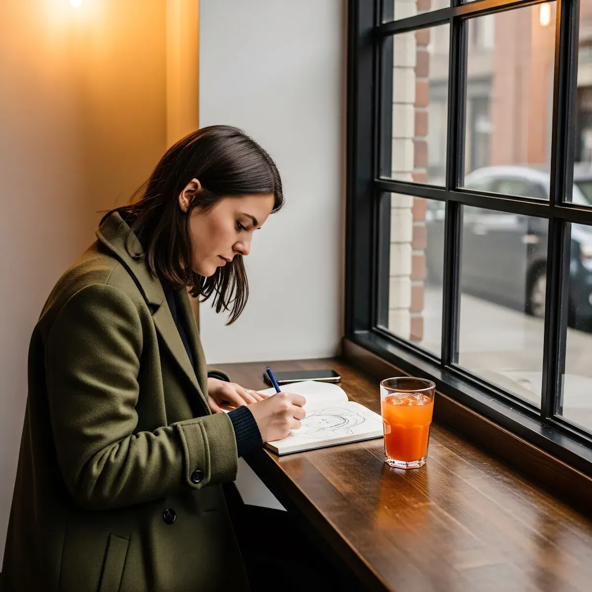 A writer sketching beside a window, reflecting the smaller, repeatable chapter work that turns a broad concept into a serialized story readers can actually follow.