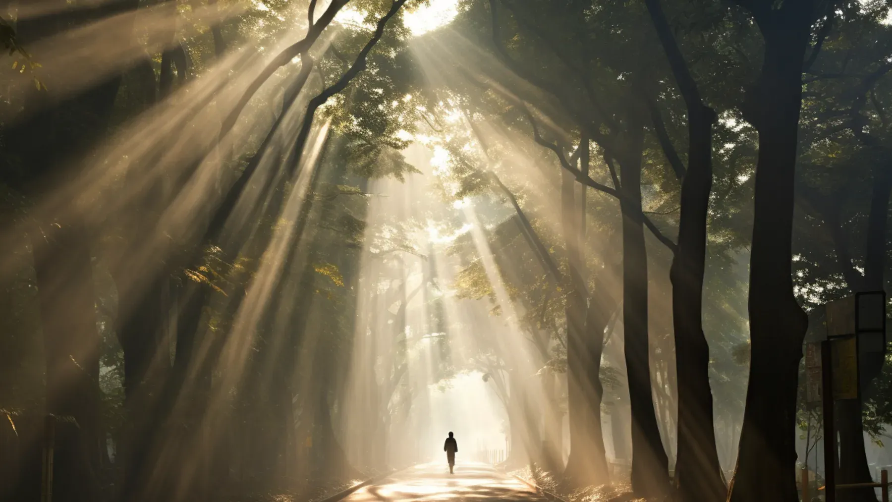A solitary figure on a tree-lined path reflects the lived constraint of one character's available knowledge.
