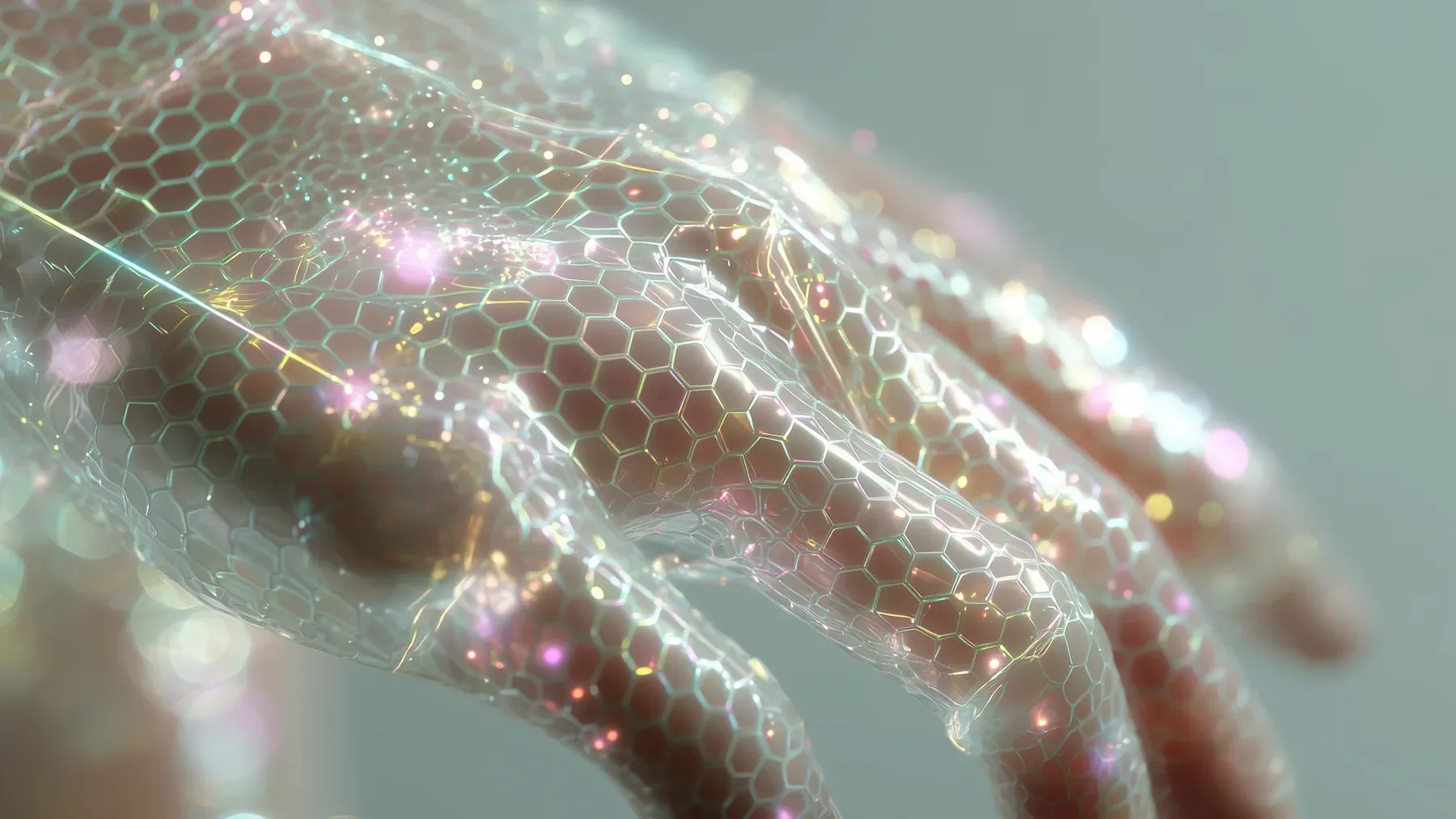 A hand covered by a visible digital pattern, representing a system that makes capability legible while changing how the world reads the character.