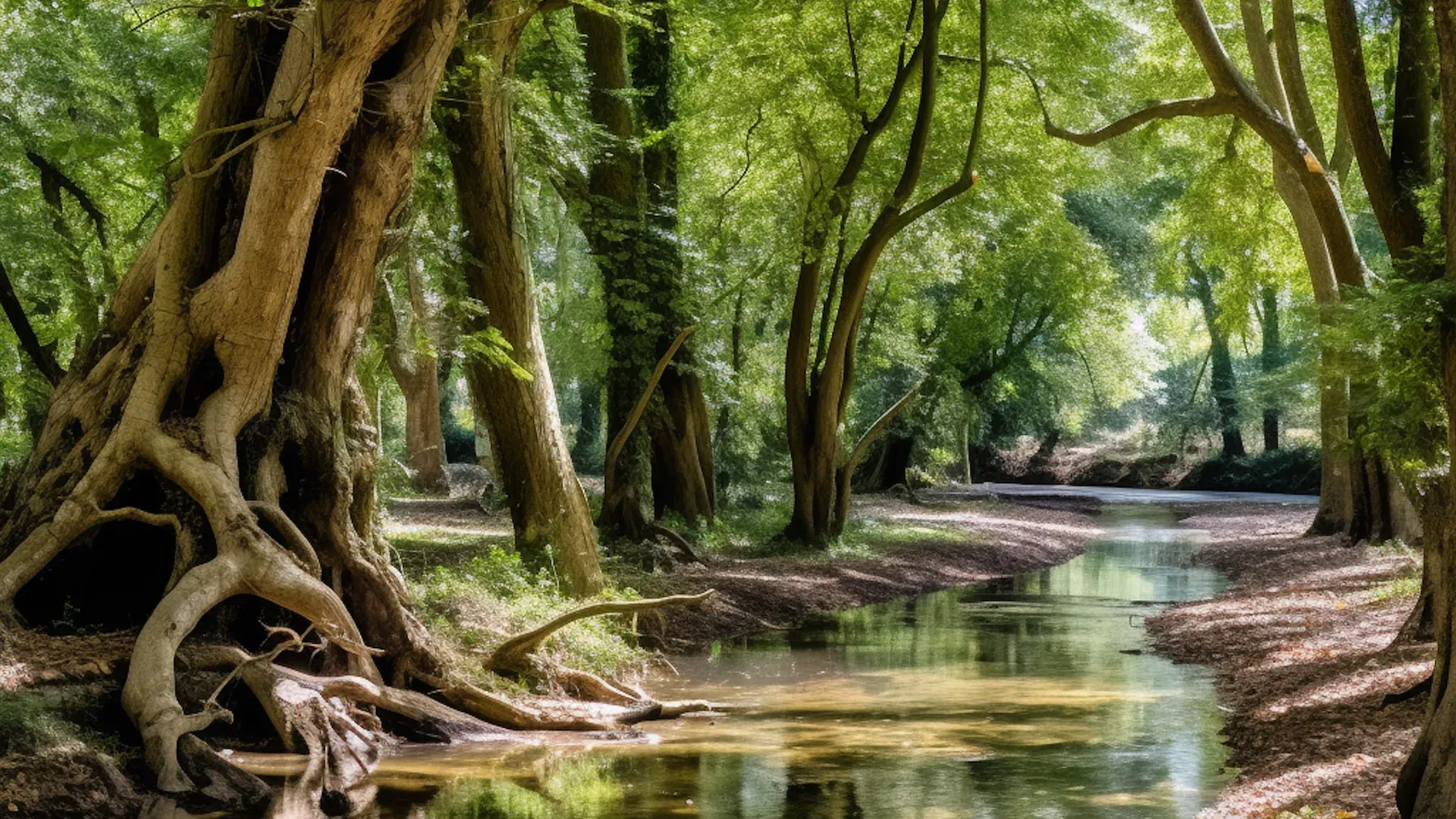 A forest stream and mature trees, representing the living land, water, and future recovery that may carry a magical burden.