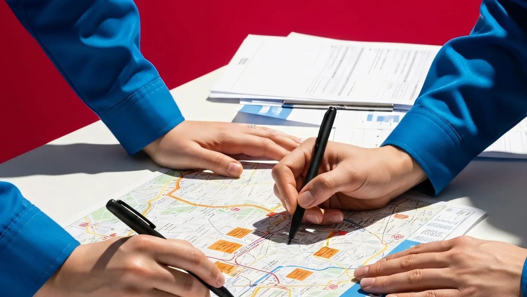 People marking routes on a map, suggesting the administrative decisions that determine where a magical burden will be sent.