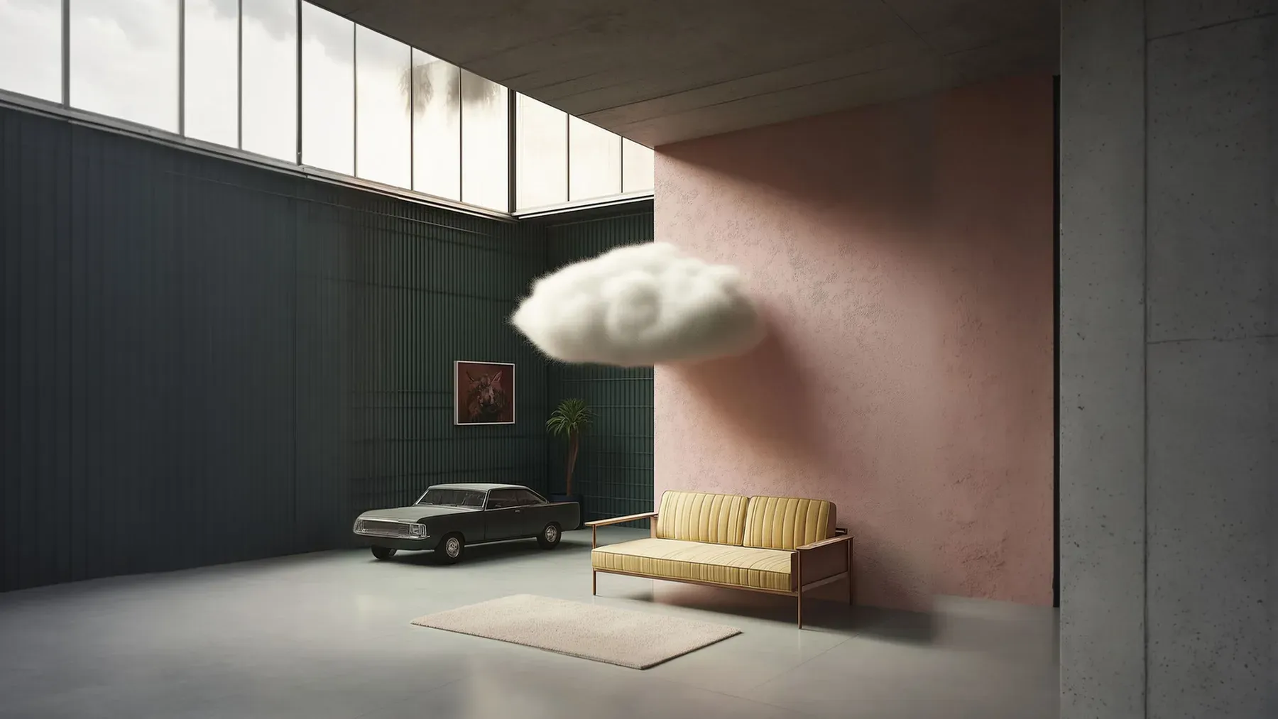 A small cloud hovers inside an otherwise spare room, showing an impossible presence integrated into material space.