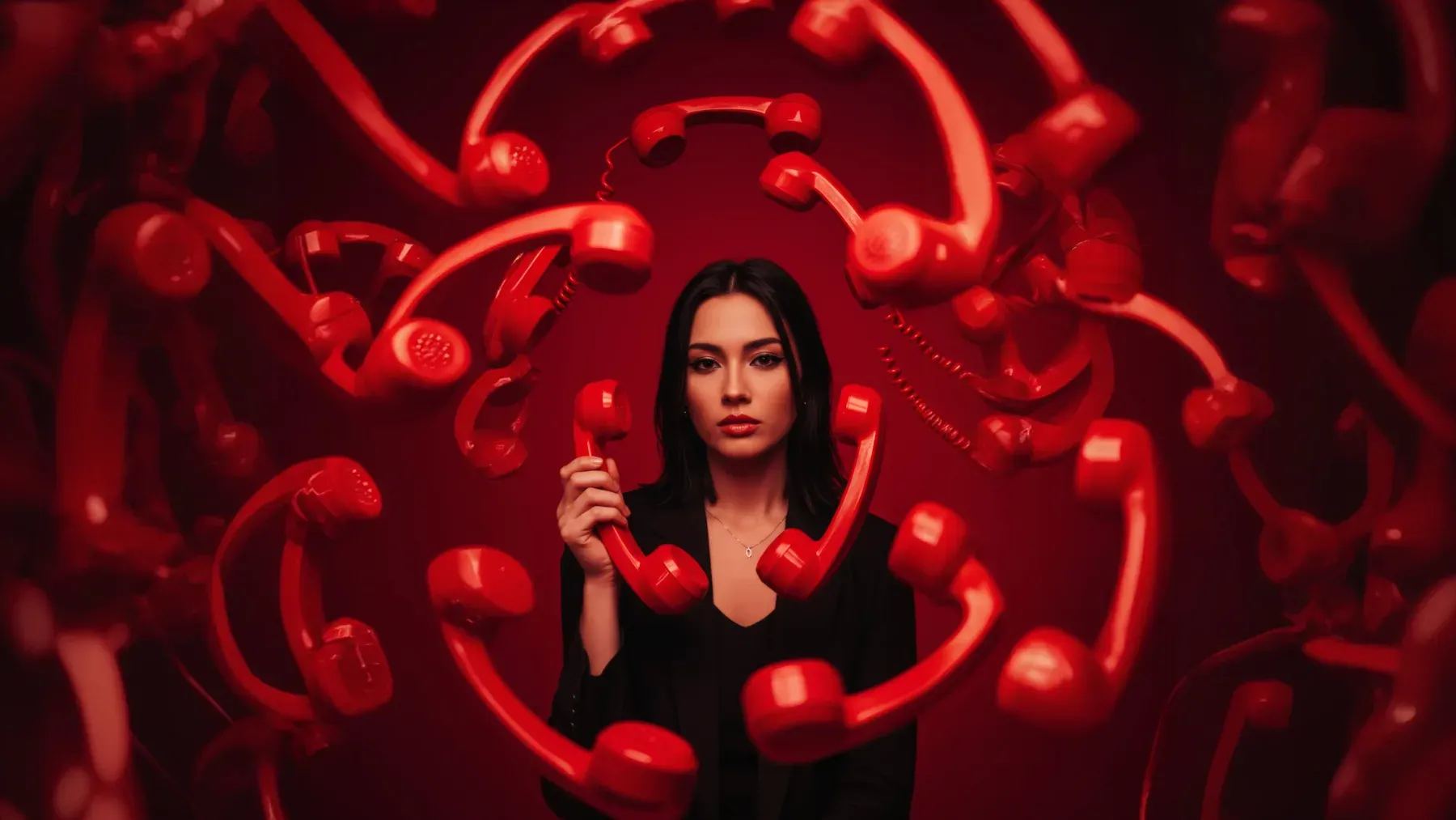 A woman holds one receiver among many red telephones, turning an ordinary communication object into an impossible family archive.