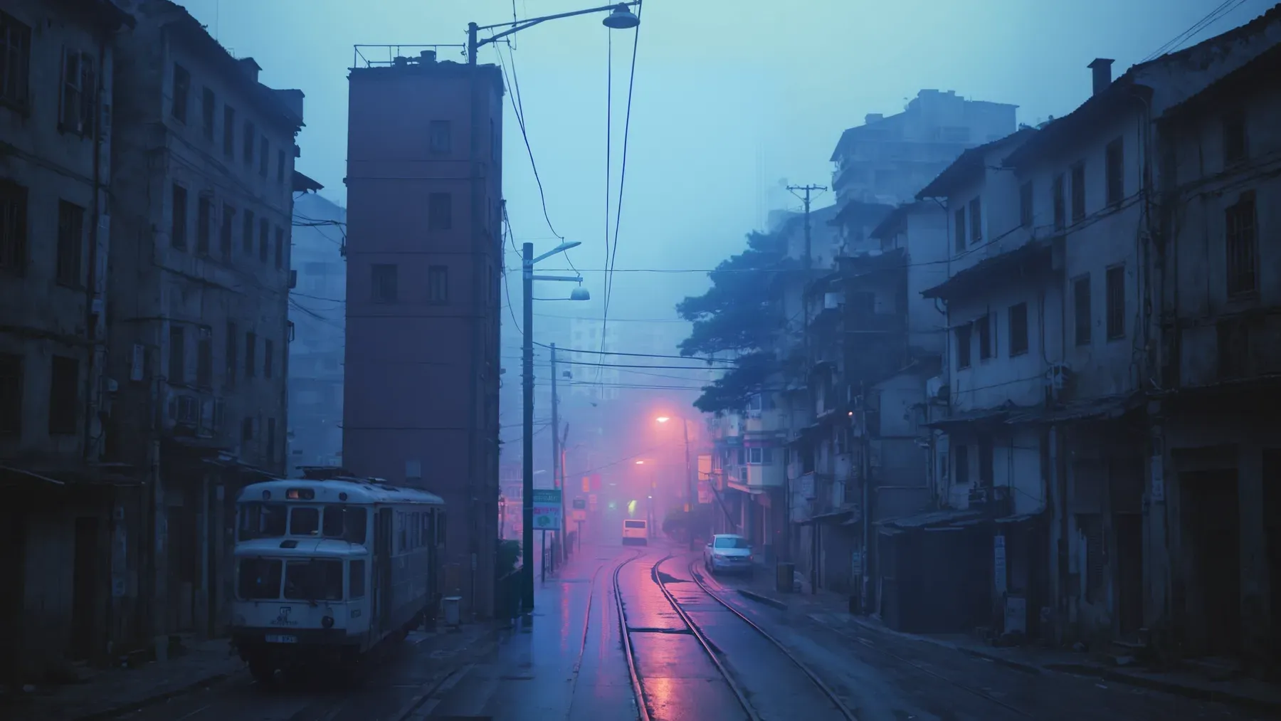 Tram tracks disappear through a familiar city in blue mist, leaving ordinary movement and unresolved wonder in the same frame.