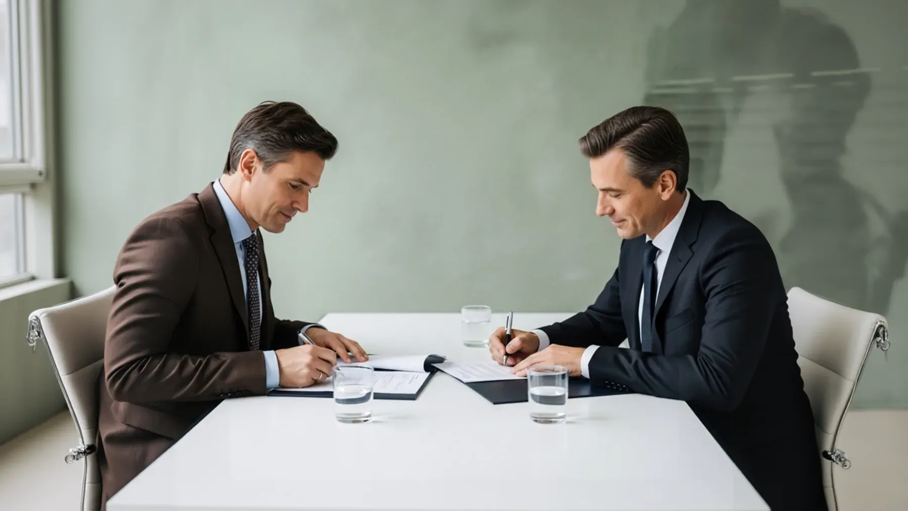 Two people signing a formal agreement across a table, representing the practical negotiation and unequal risks beneath the wedding.