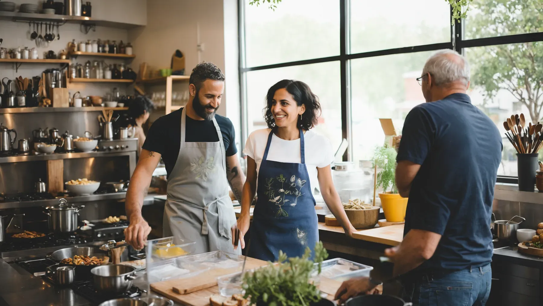 A couple cooking together in a kitchen, representing the ordinary reciprocal work through which a contracted household becomes a chosen life.