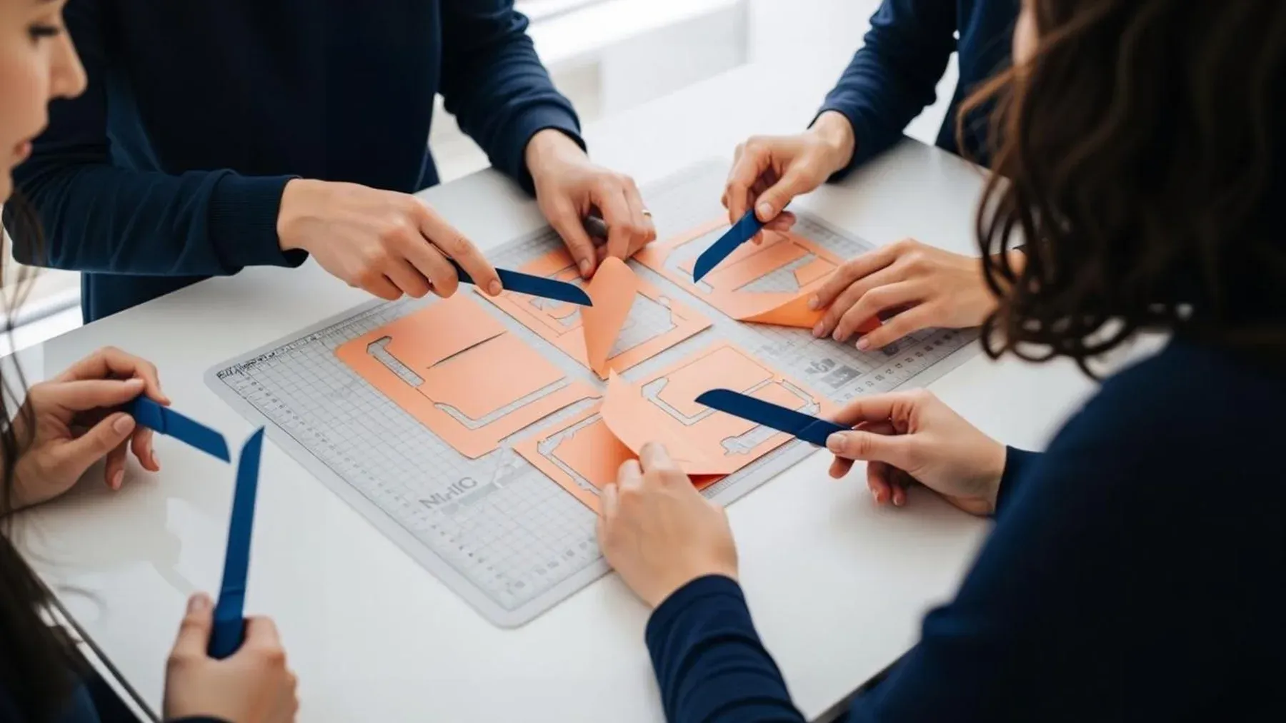 Several people comparing a design with their hands in the same workspace, showing how instruction becomes interpretation and shared responsibility.