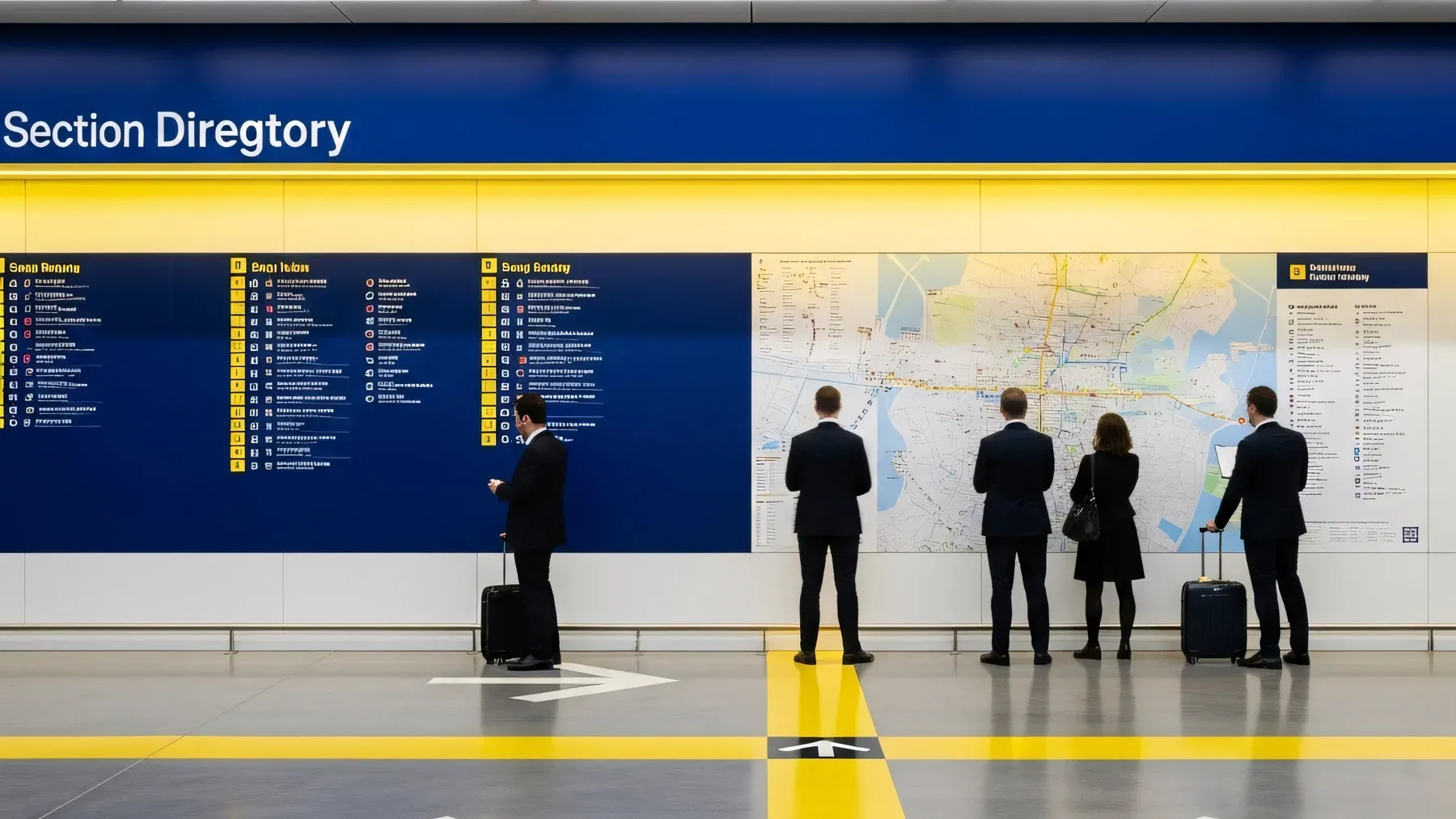 Travelers studying a large directory and map, illustrating how a search becomes credible when geography, routes, and responsibility are divided clearly.