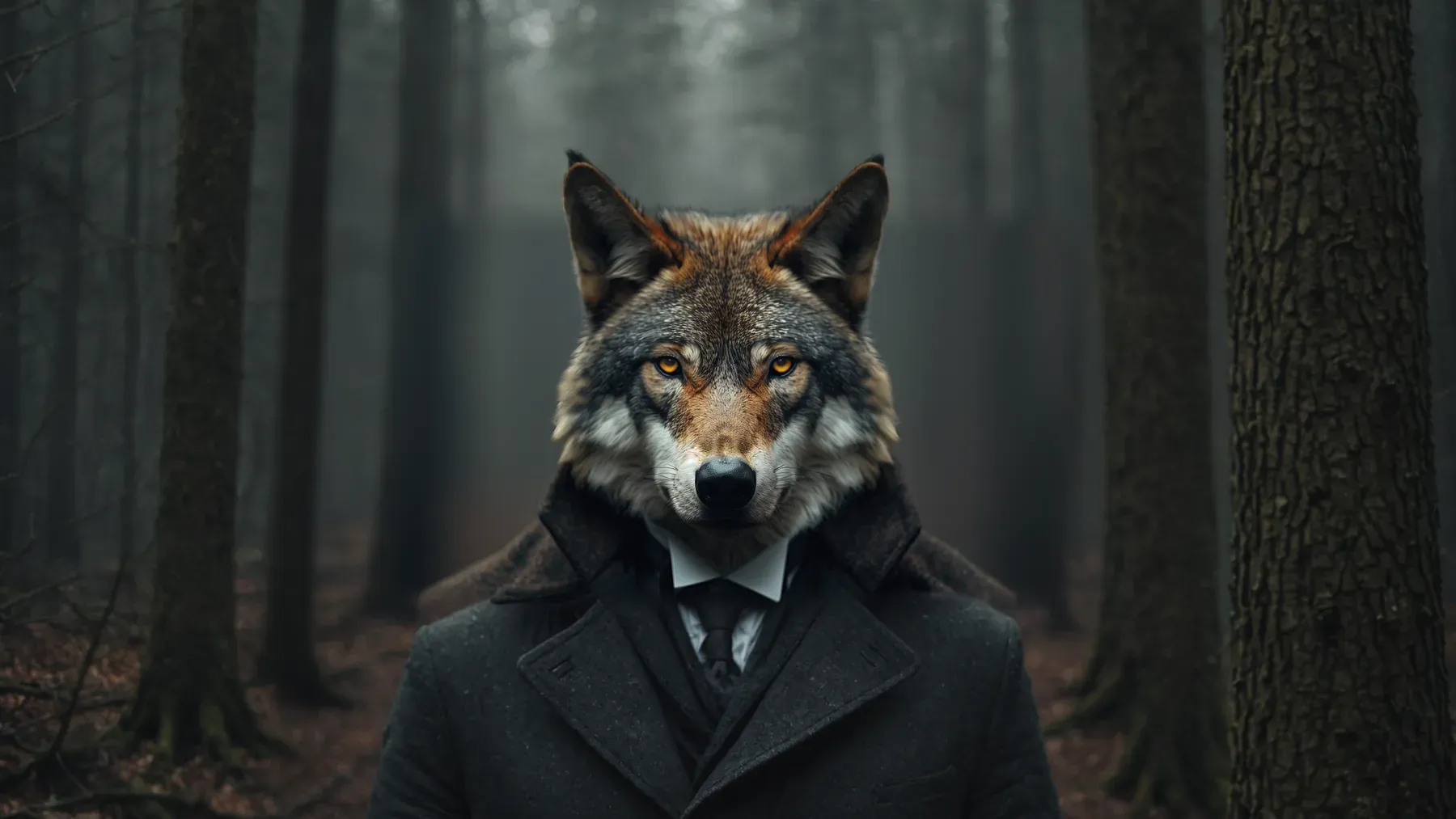 An anthropomorphic wolf dressed formally in a forest makes sentience, social role, and visibly nonhuman embodiment coexist.