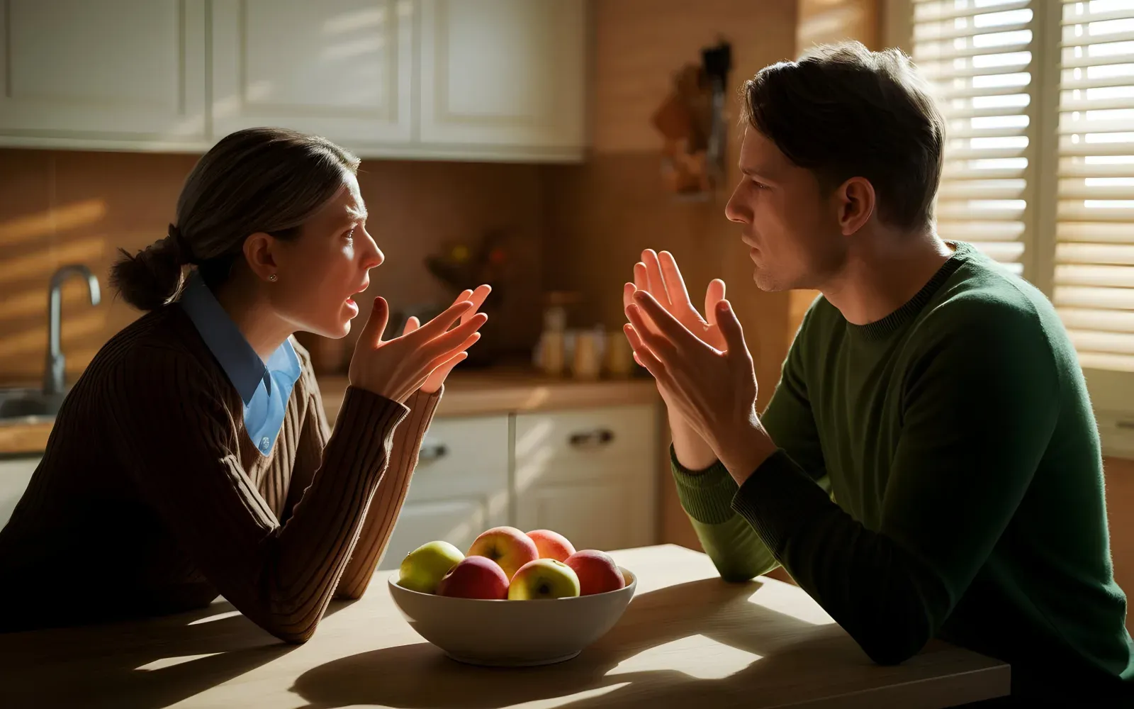 Two people arguing in the same sunlit kitchen, suggesting how one place can carry competing emotional interpretations.