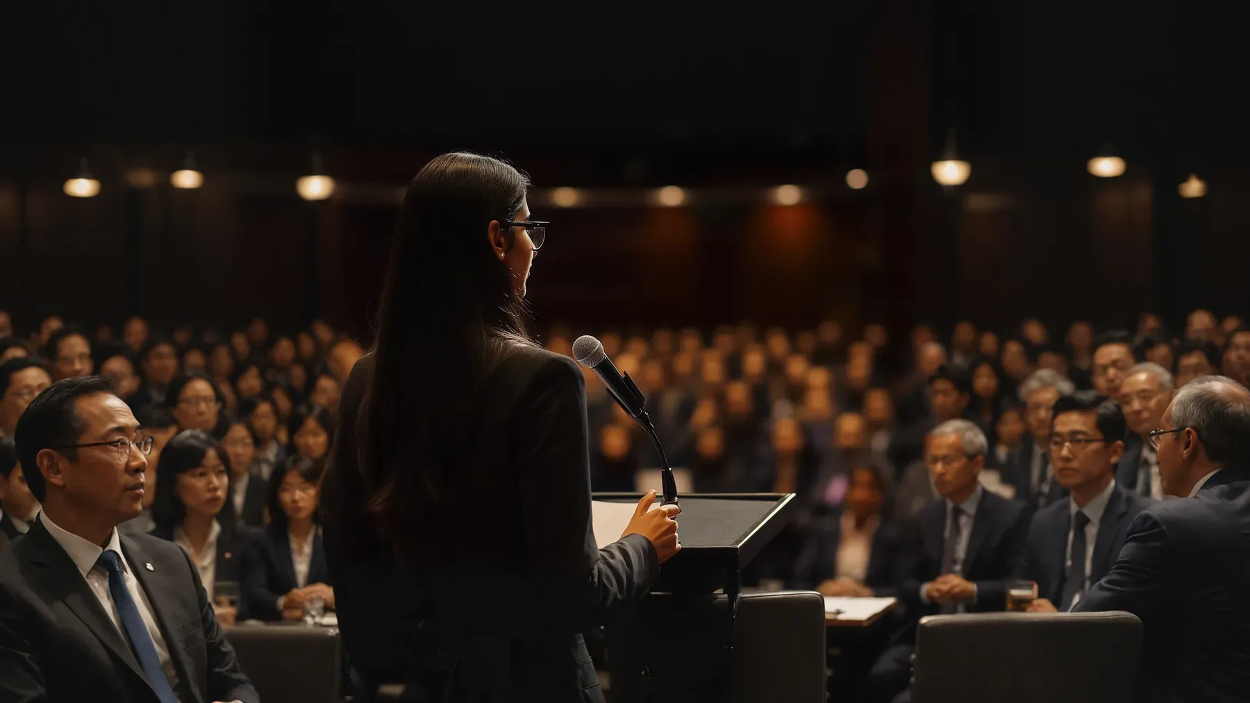 A speaker addresses an attentive audience, showing that public testimony begins a longer period of scrutiny and responsibility.