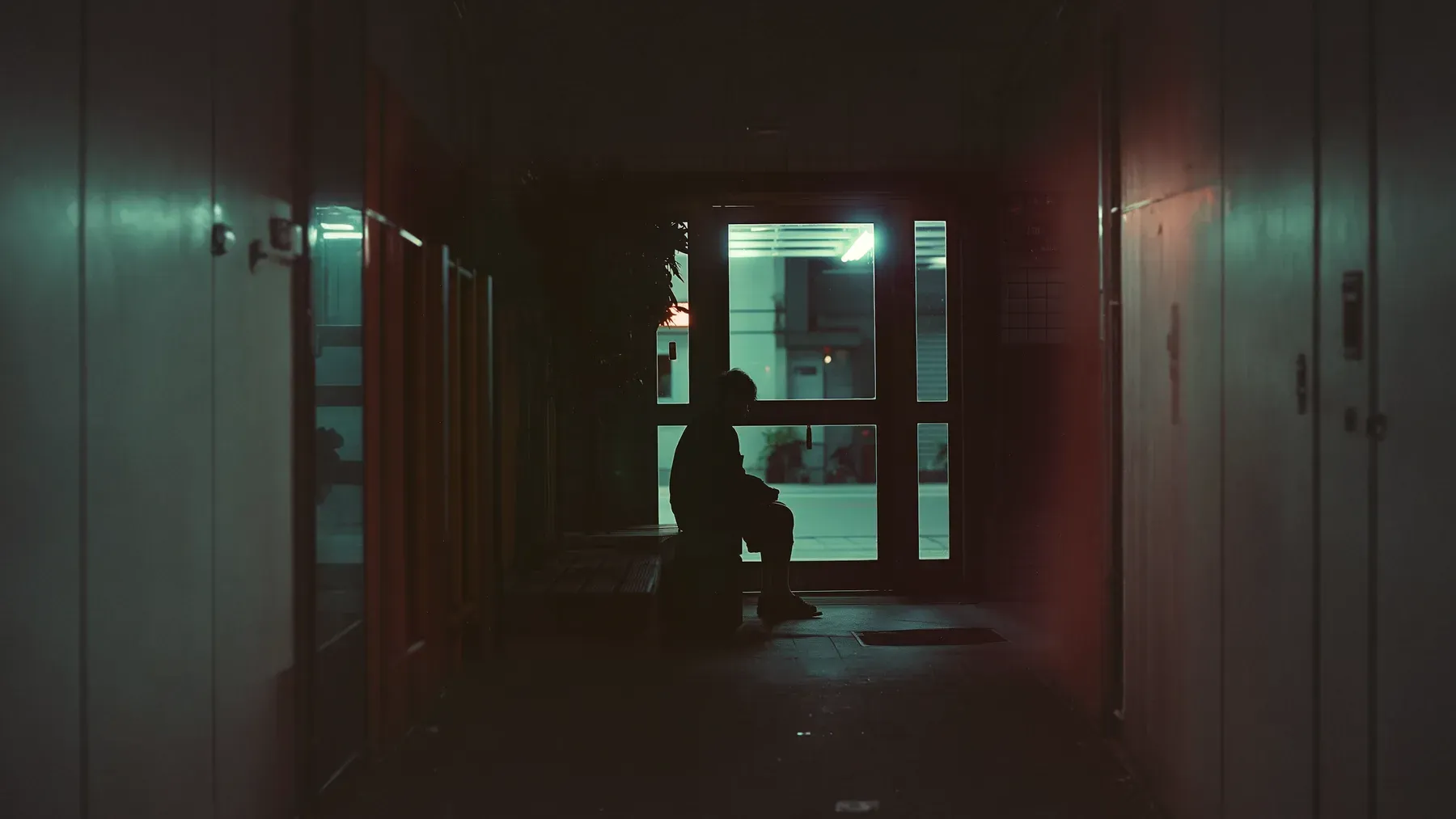 A solitary figure waits in a dark institutional corridor, suggesting the isolation and uncertainty surrounding an ethical objection.