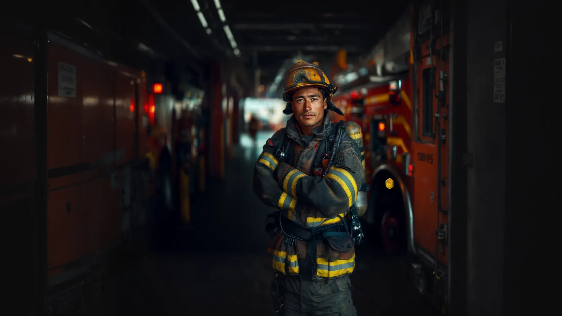 A firefighter standing inside a station, where professional identity, duty, and an unresolved decision remain present in ordinary work.
