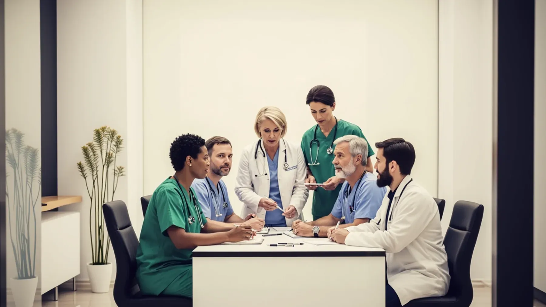 A medical team studies shared evidence, reflecting a climax where rival methods must converge on one consequential decision without erasing disagreement.