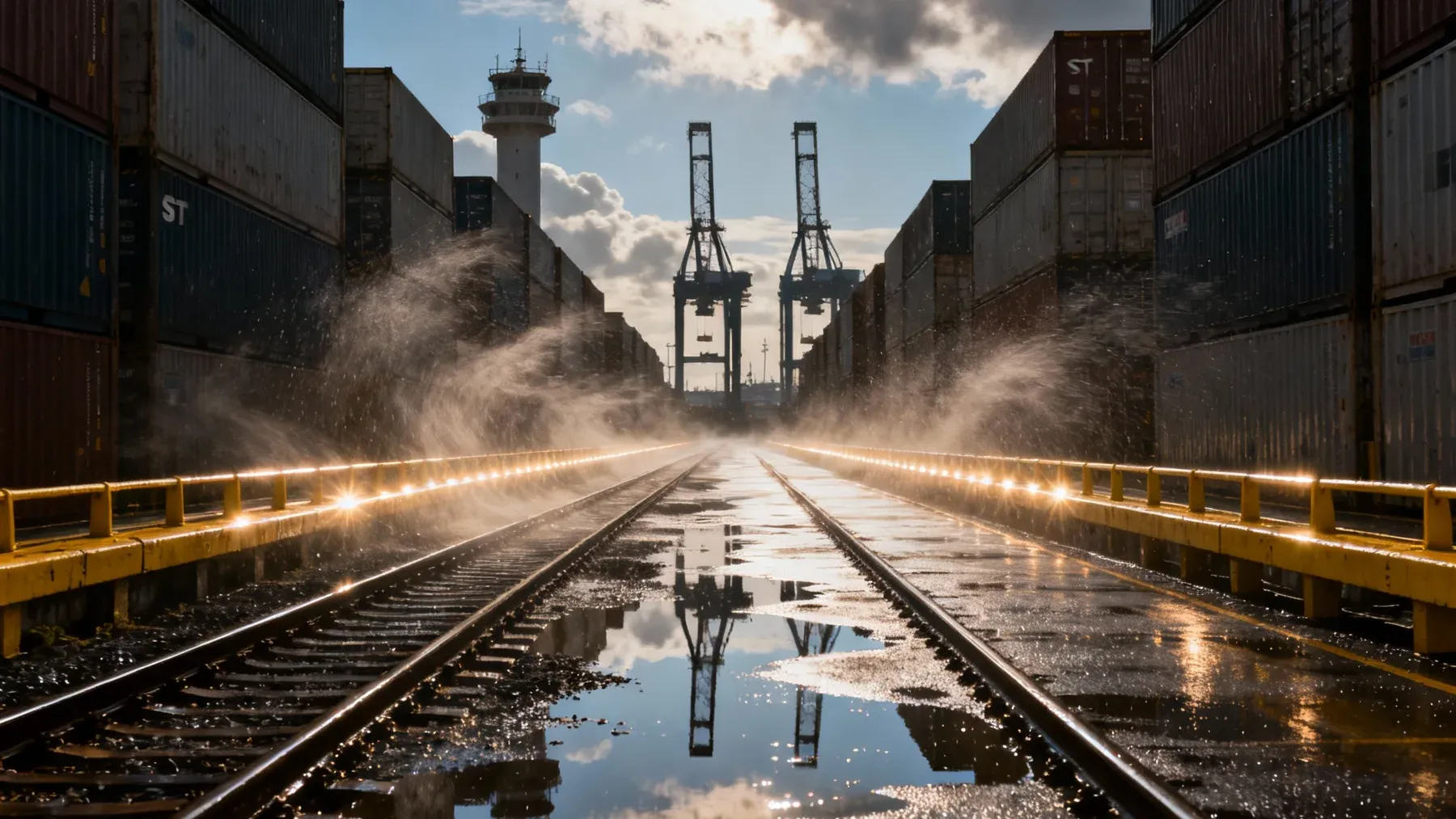Parallel railway lines running through a working port, suggesting separate viewpoint paths moving toward the same destination.
