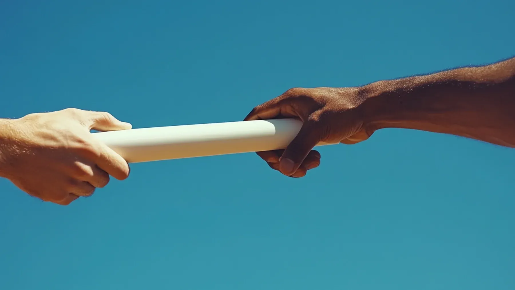 Two hands passing a baton under an open sky, representing a scene transition that carries a live consequence into the next viewpoint.