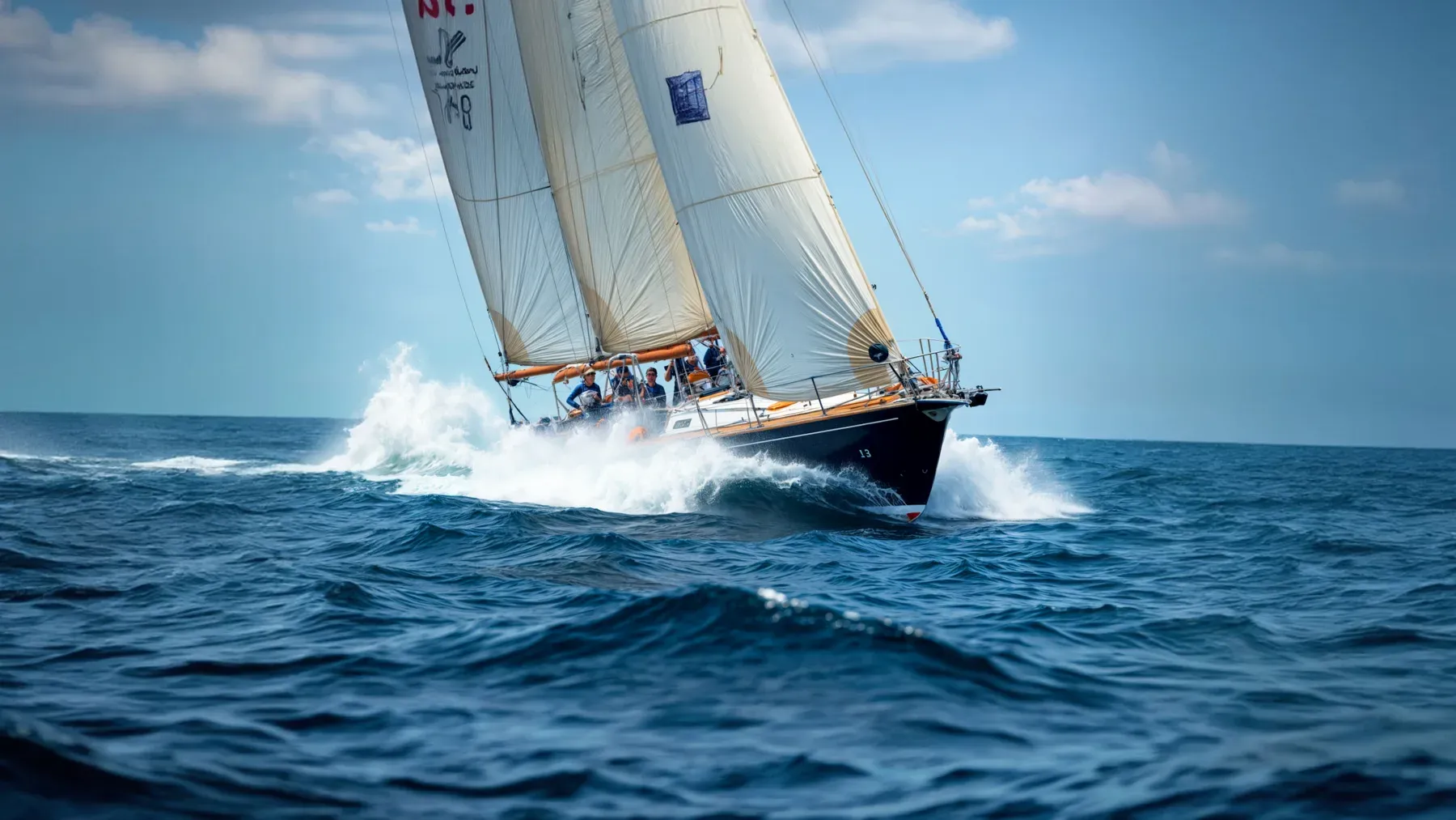 A crew driving a sailing vessel through rough water, showing that contested authority still depends on coordinated work.