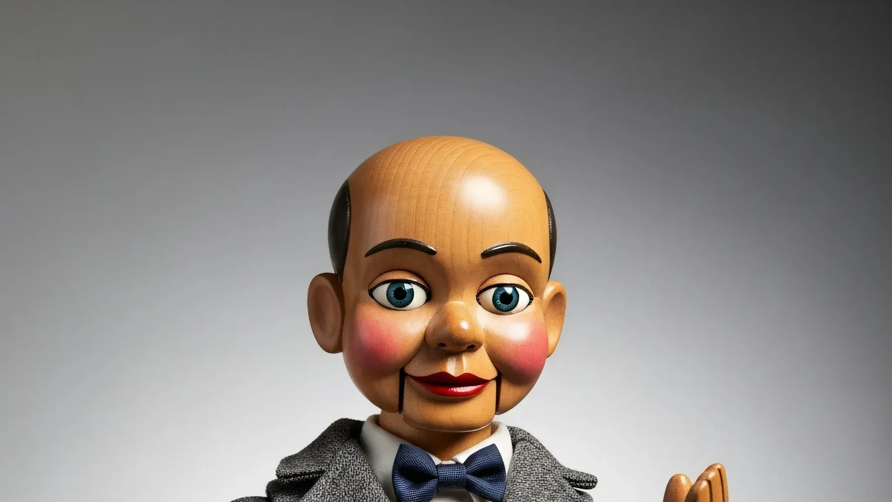 A carved puppet waits under workshop light, representing the object where a broad inventory scene contracts into private recognition.