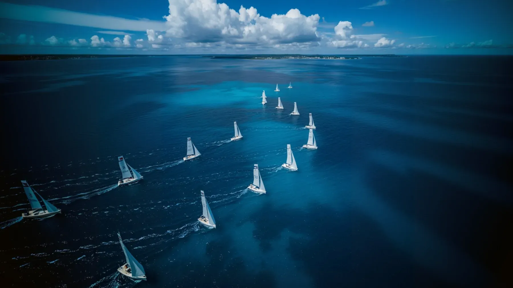 A fleet of sailboats crosses open water, representing one crew's hazardous route becoming shared knowledge for those who follow.
