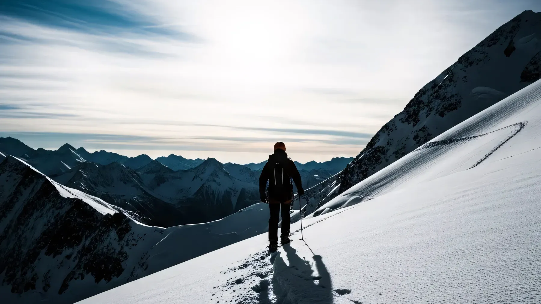 A lone figure enters worsening mountain weather, representing the final choice to continue after every warning and alternative has become visible.