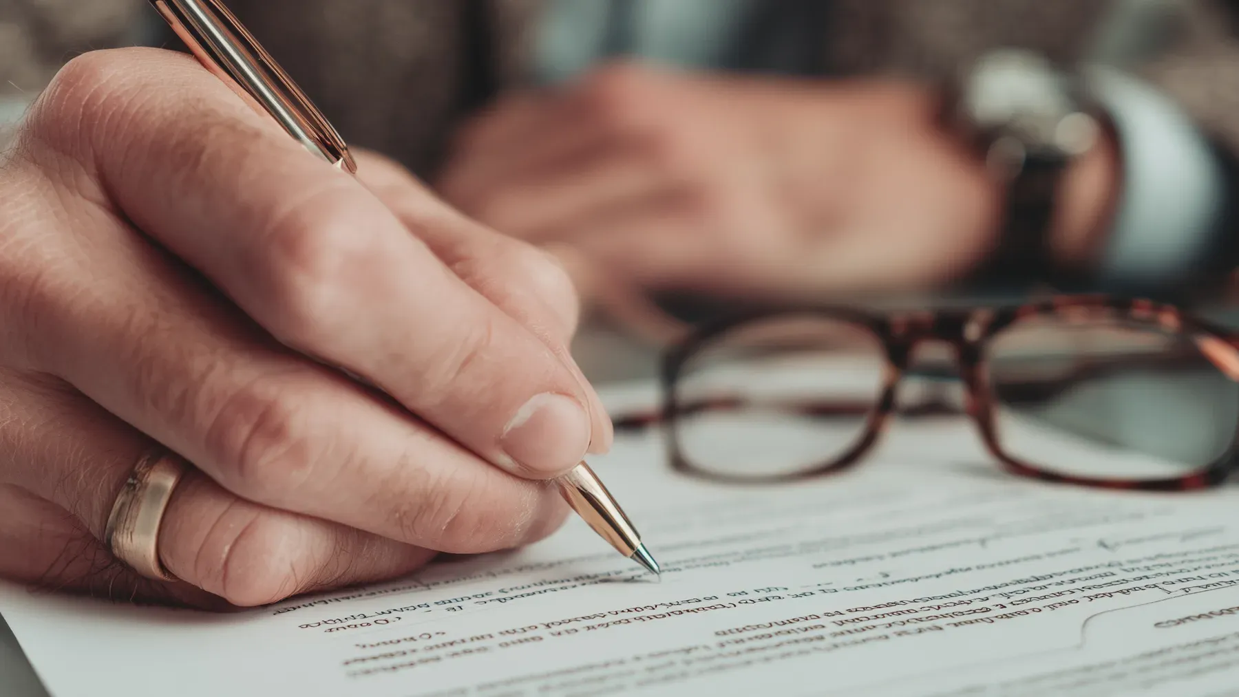 A hand signs a document, showing the moment when a spoken concession becomes a specific obligation that other characters can enforce or violate.