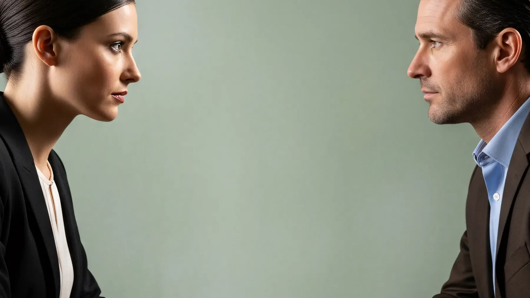 Two professionals face one another across a narrow space, capturing the concentration and private calculation inside an active negotiation.