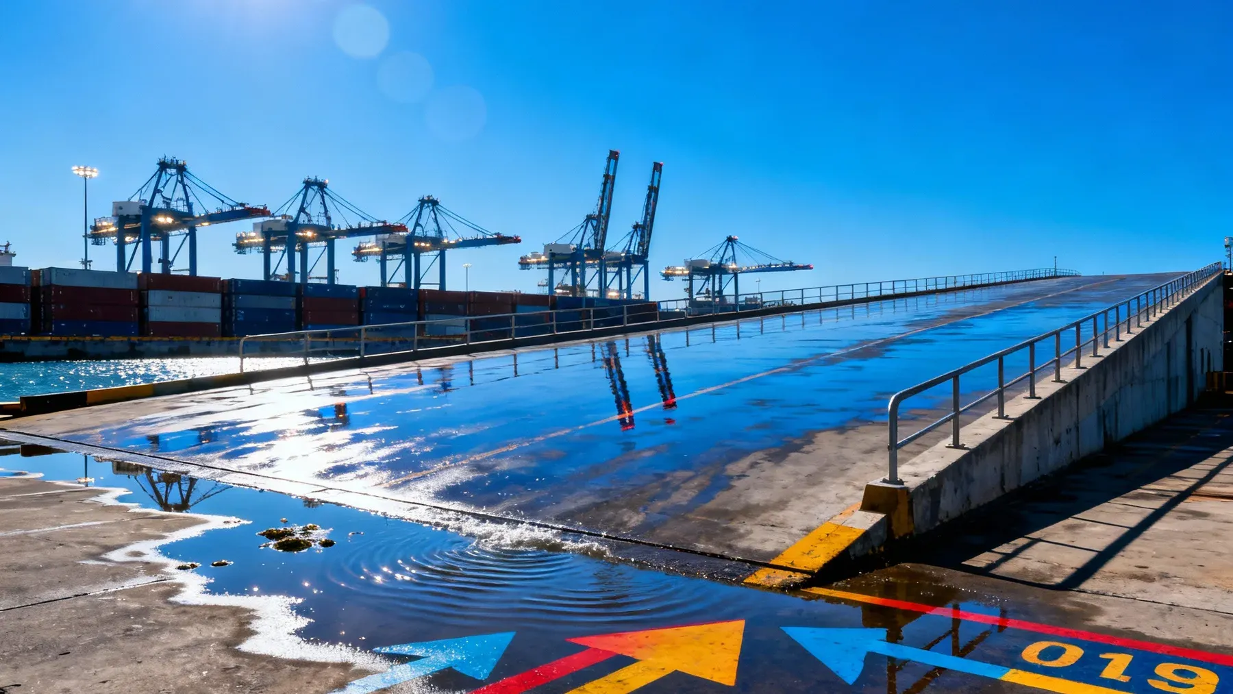 A working port makes the negotiation's practical stakes visible: access, equipment, custody, and a tide window exist beyond the words in the room.