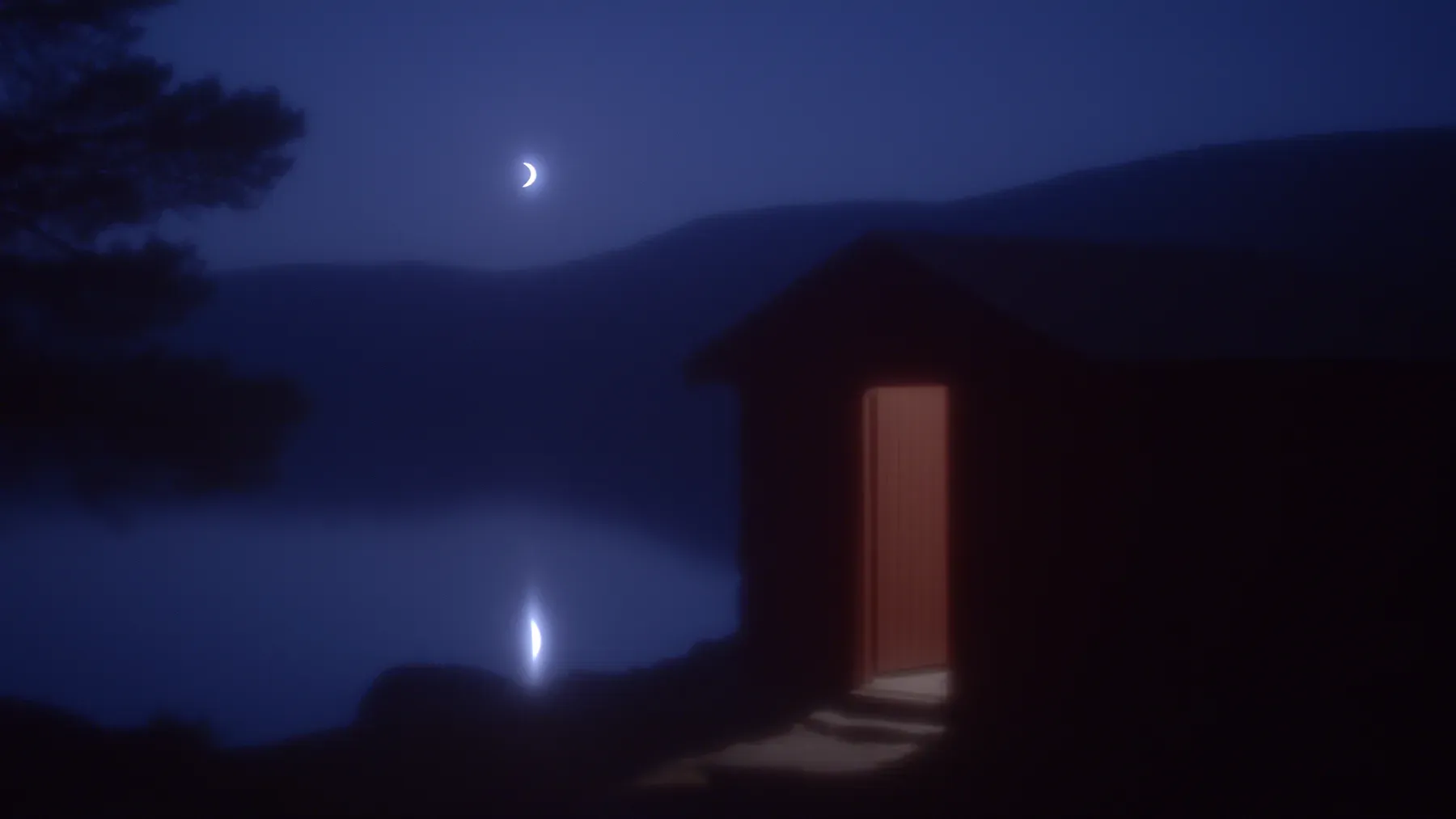 A lit cabin across dark water represents a next-chapter opening that immediately spends the location and danger promised by the preceding discovery.