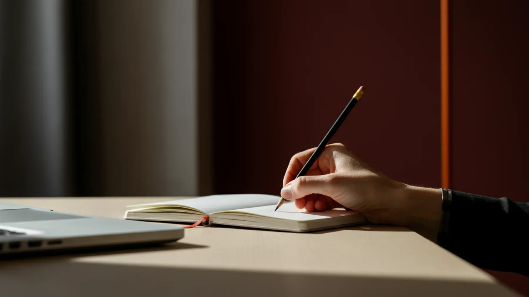 A hand writing a compact scene plan in a notebook beside a laptop.