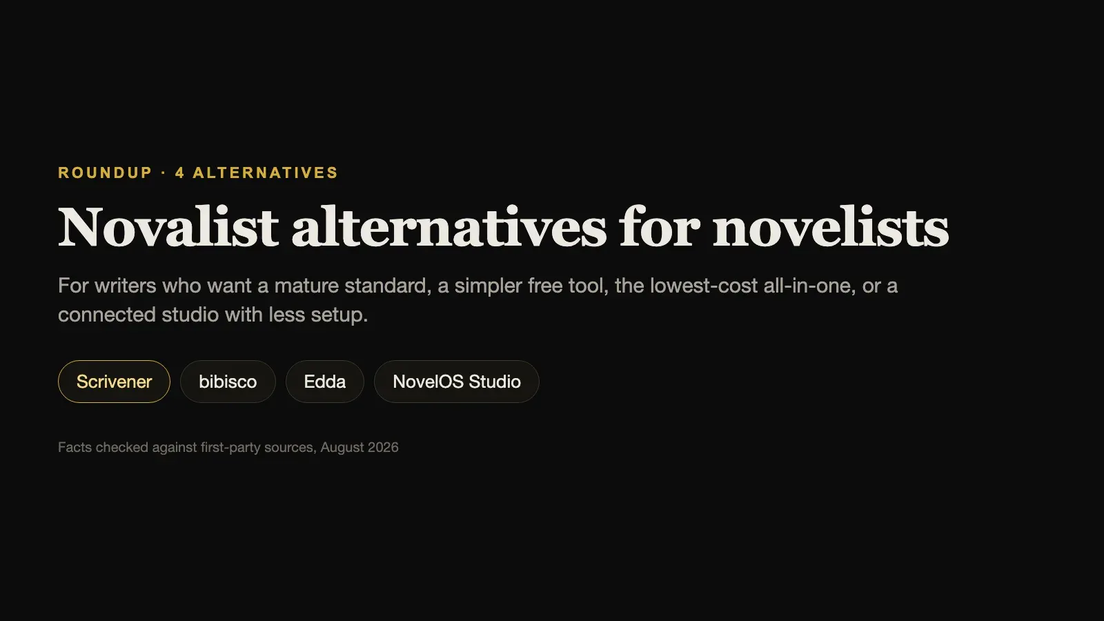 Novalist alternatives compared: Scrivener, bibisco, Edda, and NovelOS Studio