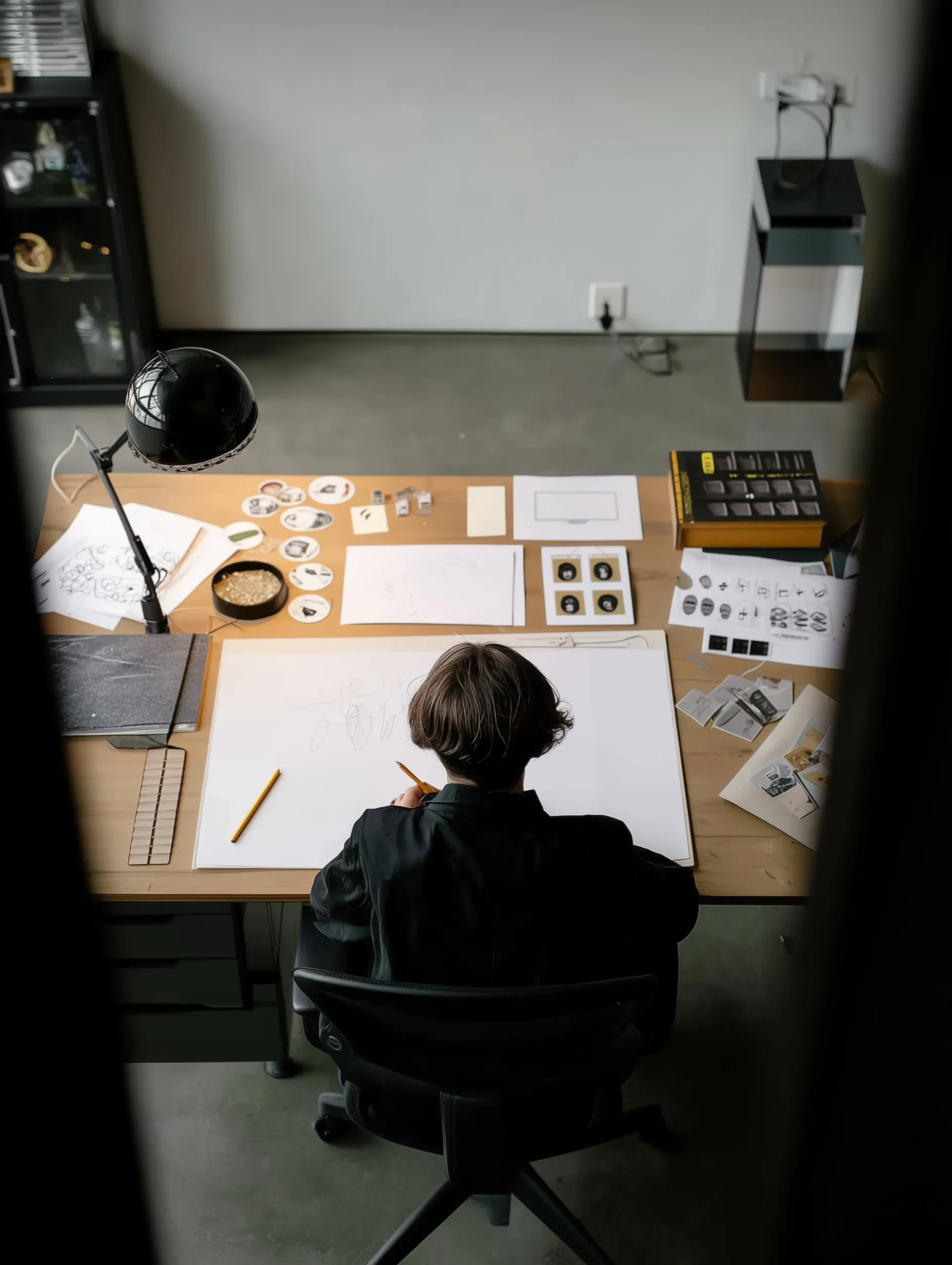 A warm creative studio combining digital and traditional tools, reflecting two different approaches to organizing a complex fictional project.