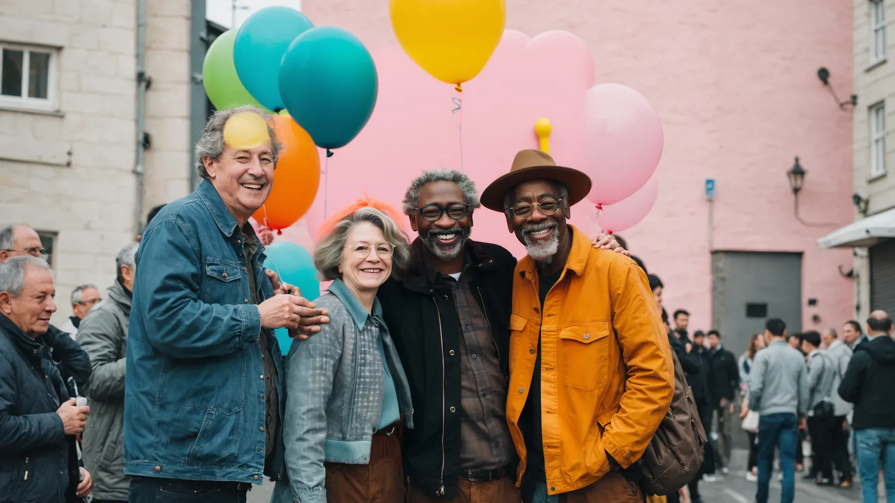 Older friends meet at a lively public celebration, carrying distinct plans and relationships into later life.