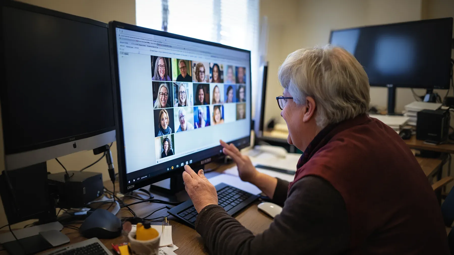 An older professional works with a large digital display, joining technical skill and contemporary work without surprise.