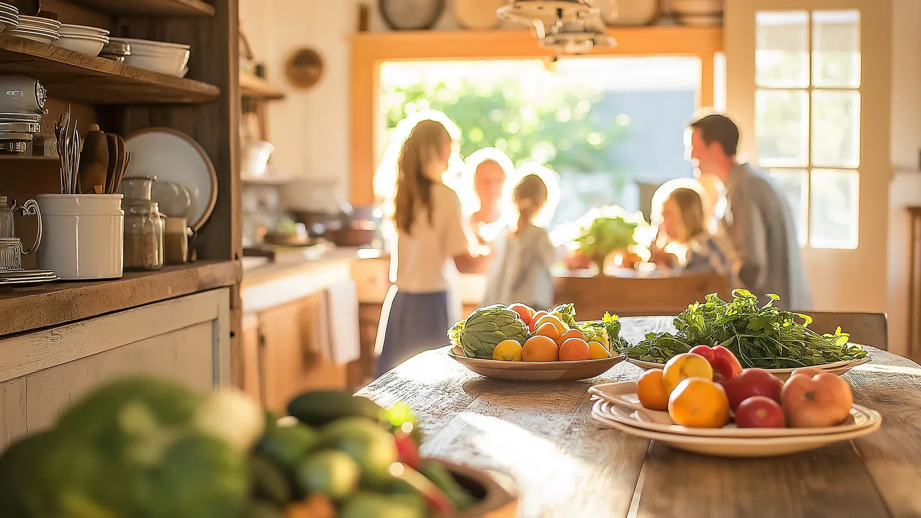 A family gathered in a bright kitchen suggests the simultaneous motives an omniscient narrator can compare.