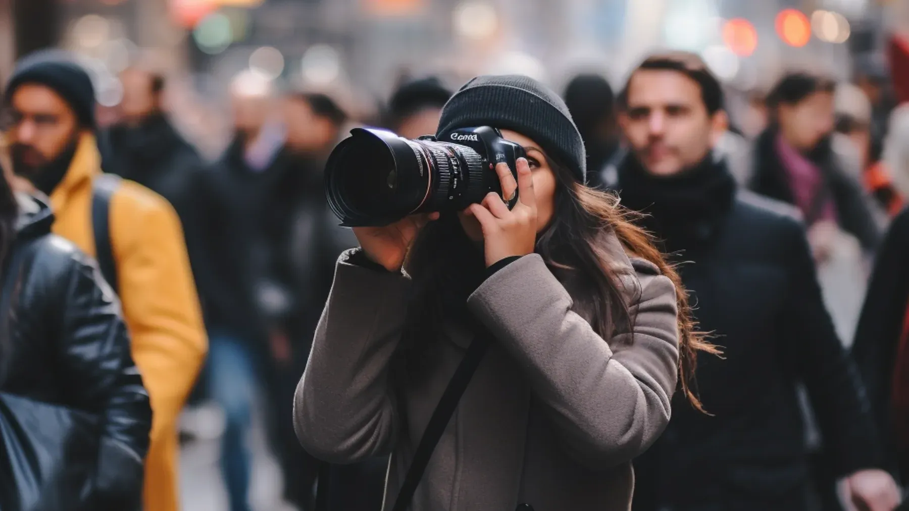 A photographer selecting one subject within a crowded street, illustrating how an omniscient narrator directs attention without describing every available life.
