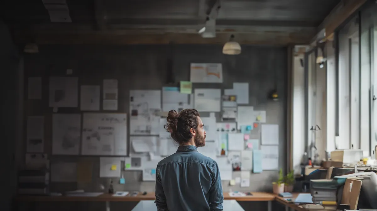 A writer standing in front of the wall of notes, capturing the moment where instinct, structure, and revision finally have to meet.