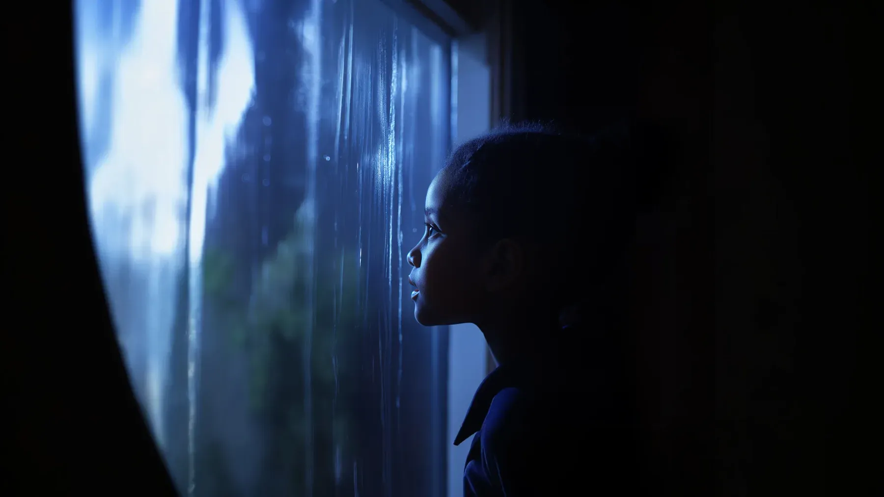 A child looks through a rain-streaked window, representing the private vigilance and decisions that adults around the family may never see.