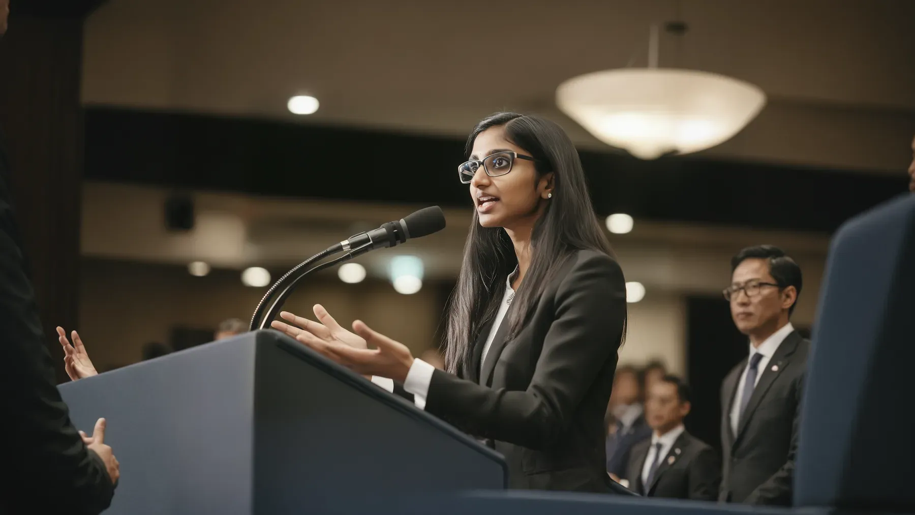 A speaker addressing a formal room, representing the climactic moment when an accurate public account matters more than preserving immediate approval.