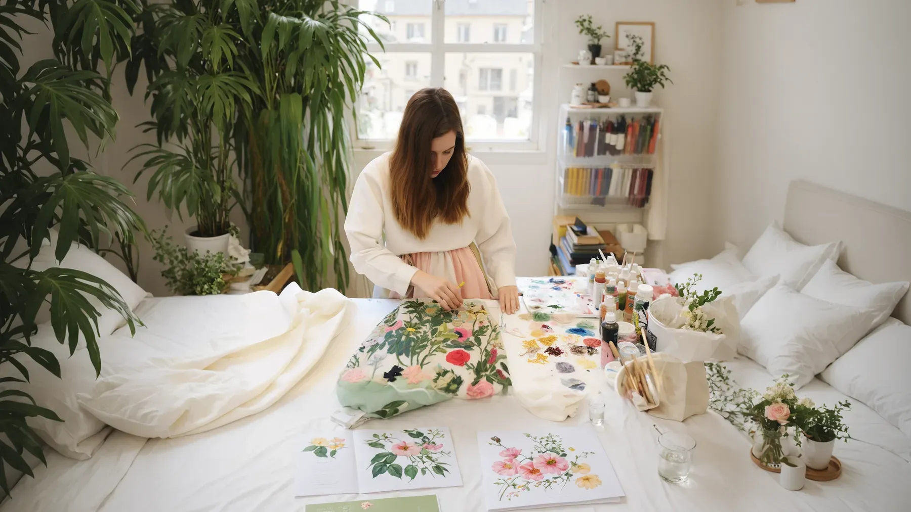 A textile artist working carefully among patterns and materials, where real craft standards can become entangled with fear of judgment.