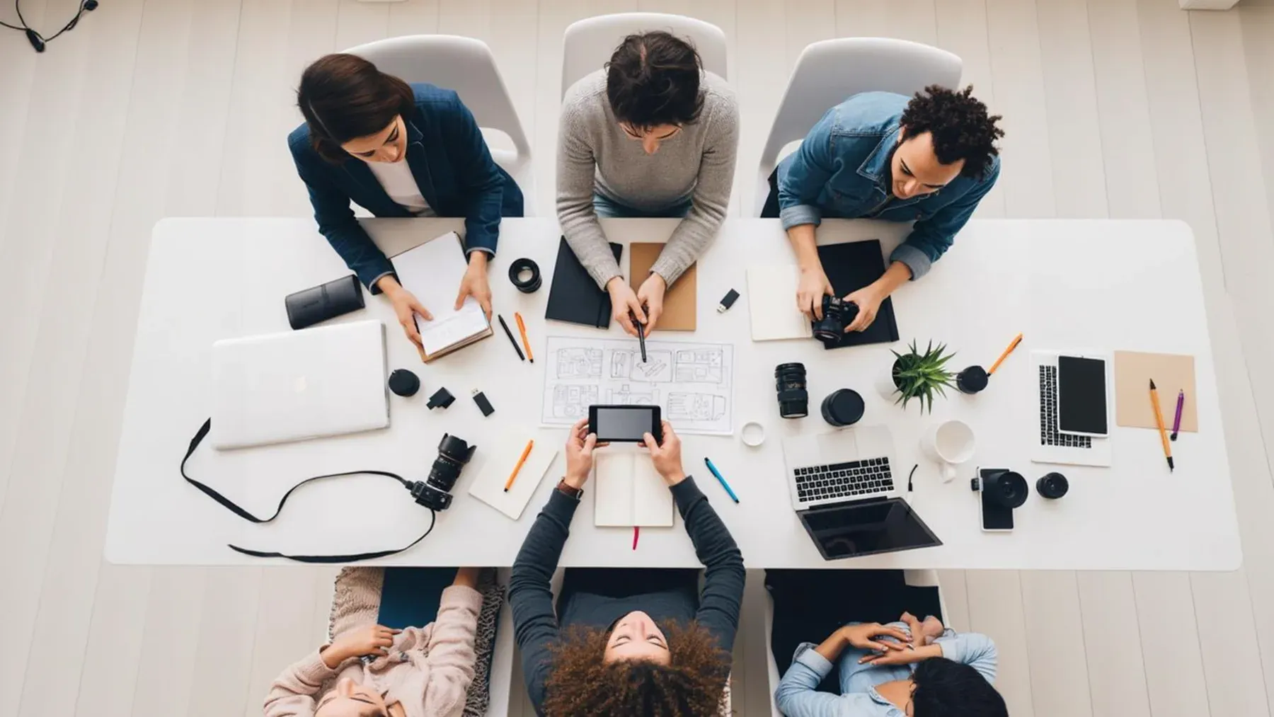 A creative team reviewing work together, representing the shared authority and different expertise that a perfectionist may struggle to trust.