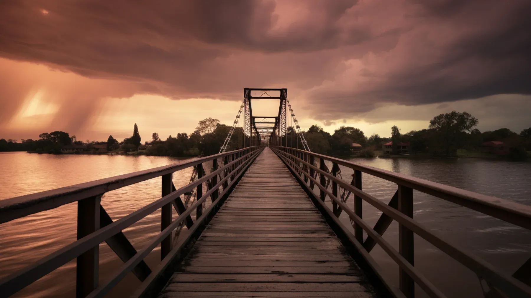 A storm gathering over a bridge and river, establishing the threatening event whose consequences the character must process.