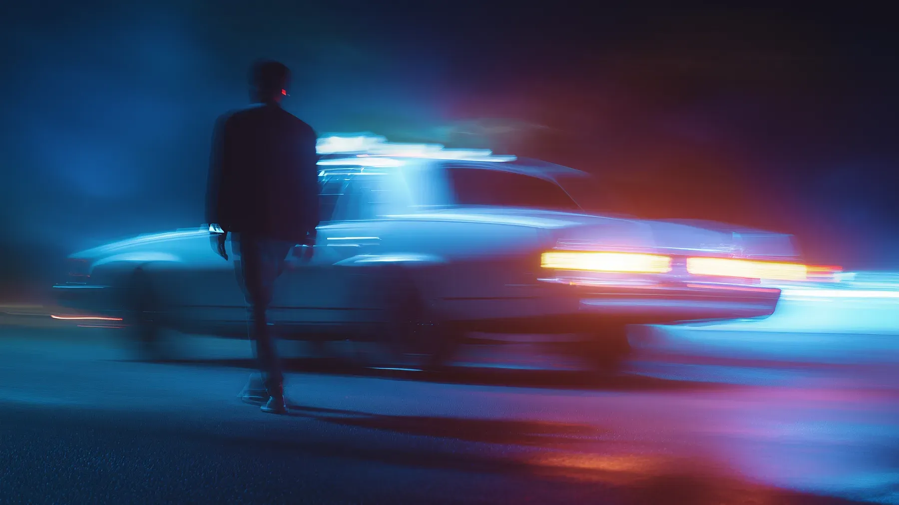 A figure moves past a police vehicle at night, establishing an investigation whose official actions will soon come under scrutiny.