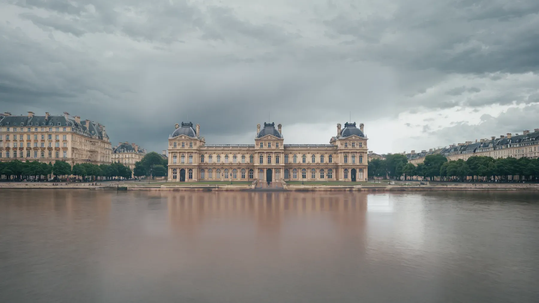 A civic building beneath storm clouds, representing the formal institution from which a public decision begins to travel.